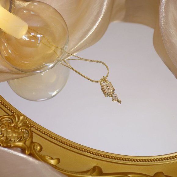 NEW 14K Gold Plated Diamond Lock Key Necklace - Picture 9 of 14